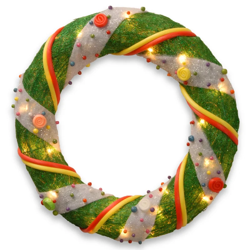 18" Green Tinsel Wreath with Clear Lights