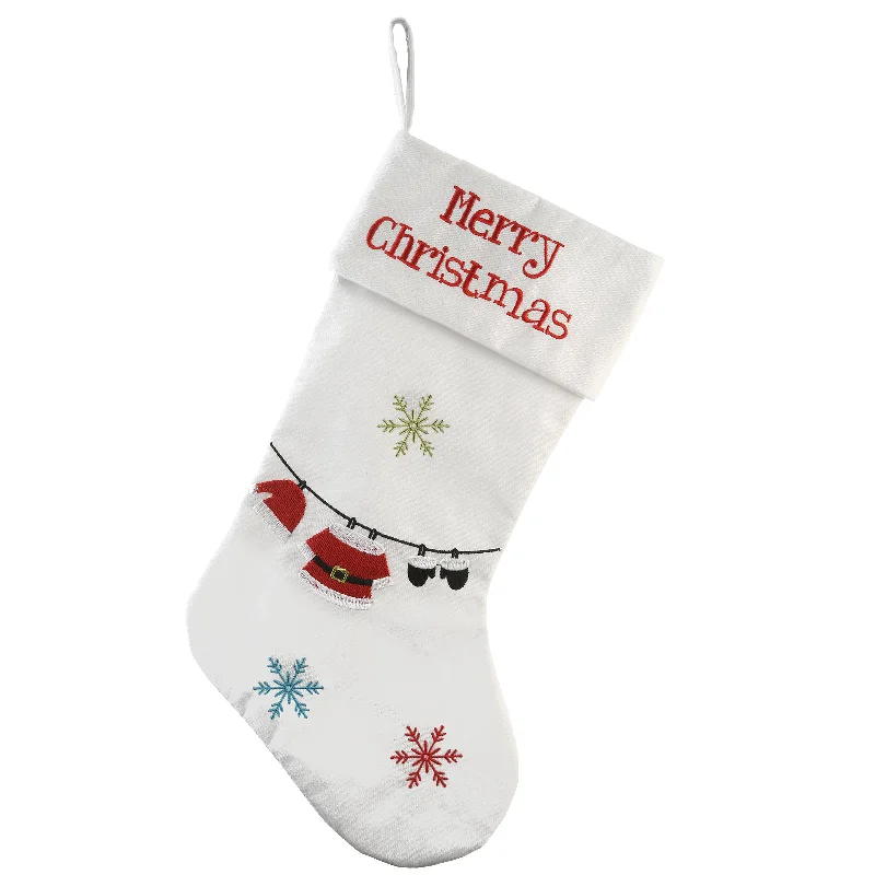 18" White Merry Christmas Stocking with Snowflakes