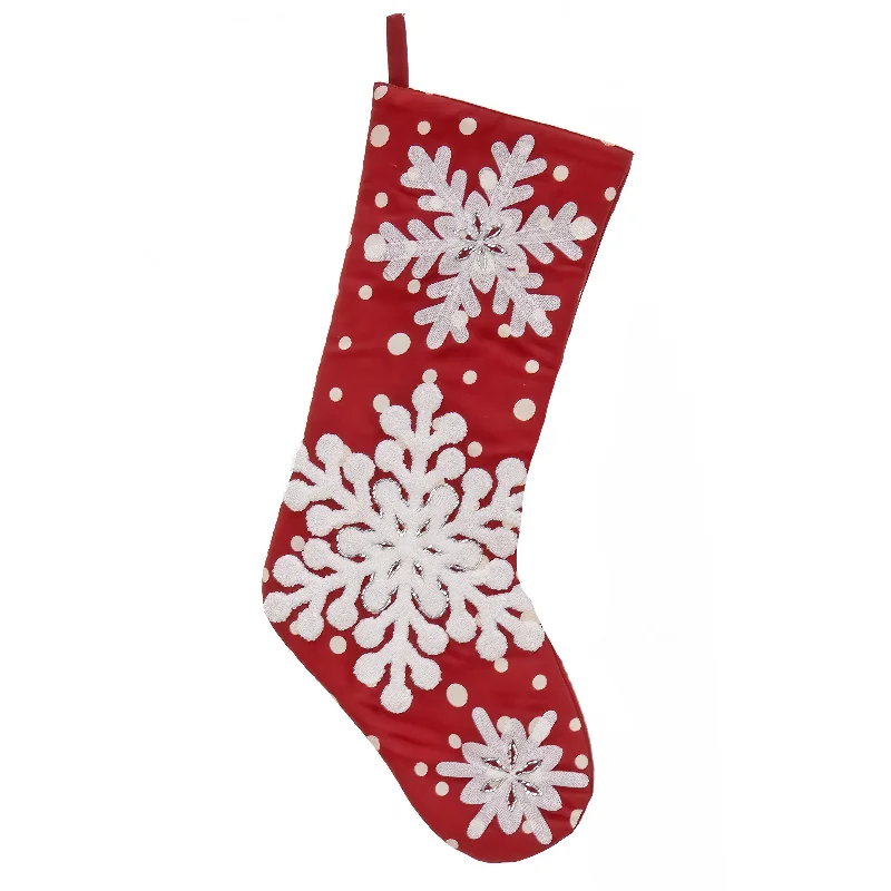 20" Red Stocking with Snowflake Embroidery, White Dots, and Bead Details