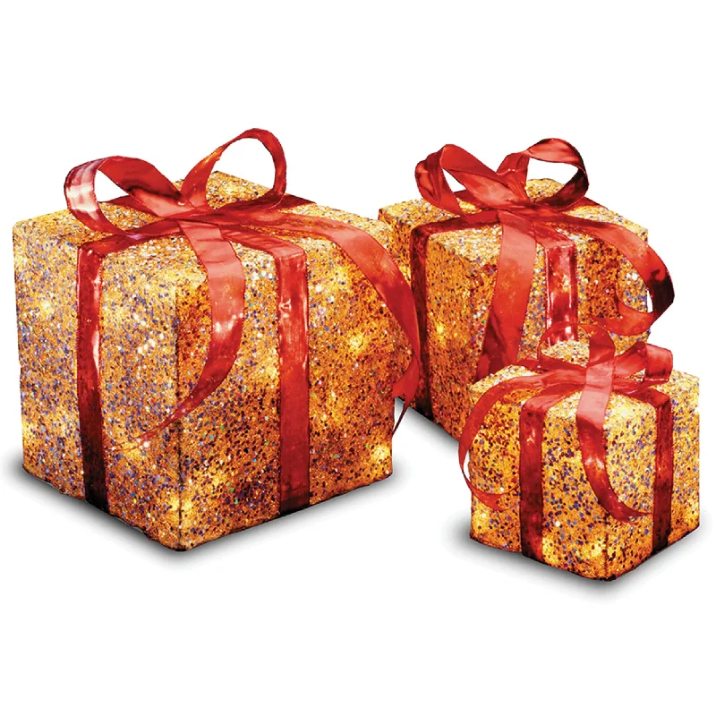 Pre-Lit Gold Gift Box with Red Bow, Set of Three, White Lights, Christmas Collection