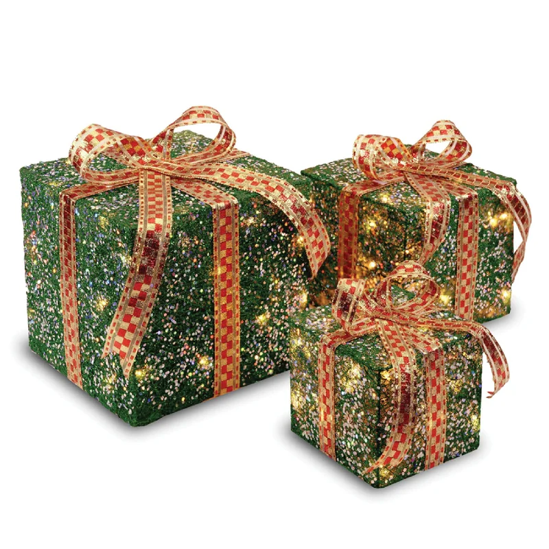 Pre-Lit Green and Gold Gift Boxes, Set of Three, White Lights, Christmas Collection