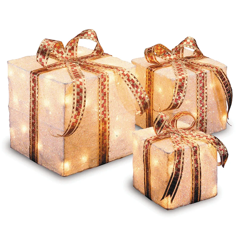 Pre-Lit White and Gold Gift Boxes, Set of Three, White Lights, Christmas Collection