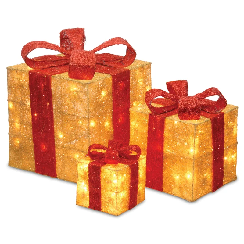 Pre-Lit Gold Gift Boxes, Set of Three, 105 White Lights, Christmas Collection