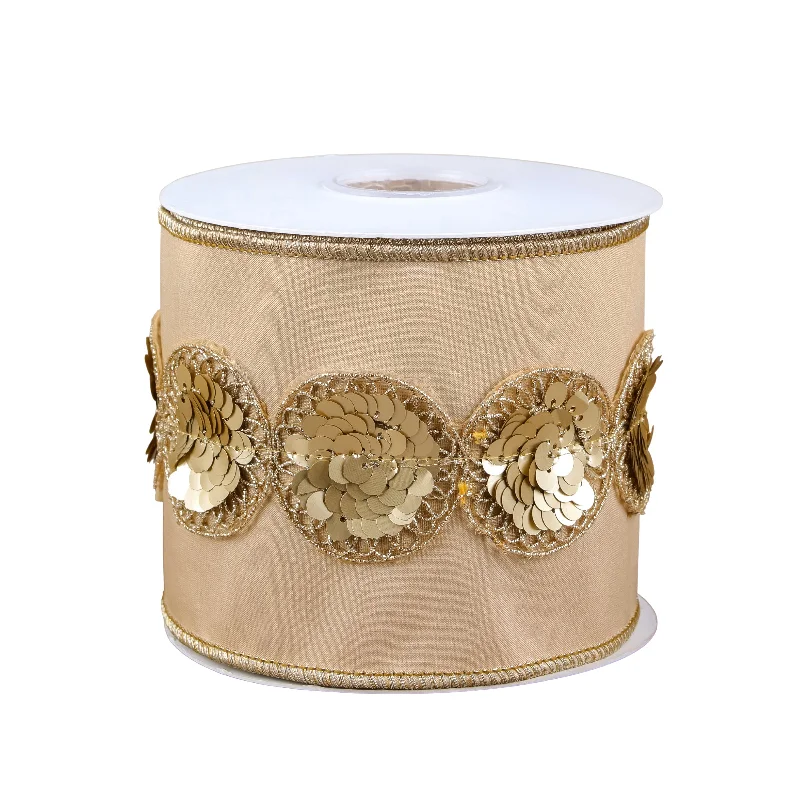4" HGTV Home Collection Sequin Beaded Taffeta Ribbon, Beige