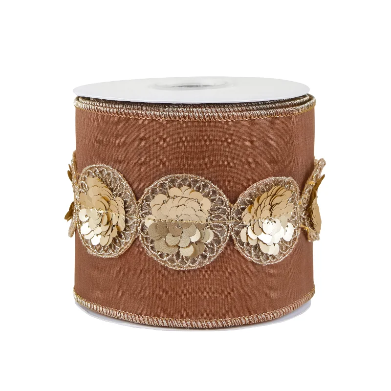 4" HGTV Home Collection Sequin Beaded Taffeta Ribbon, Brown