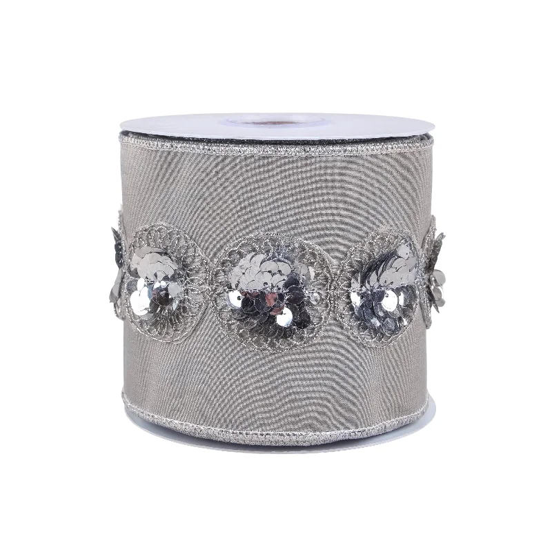4" HGTV Home Collection Sequin Beaded Taffeta Ribbon, Gray