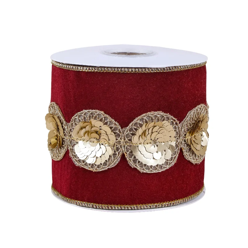 4" HGTV Home Collection Sequin Beaded Velour Velvet Ribbon, Burgundy