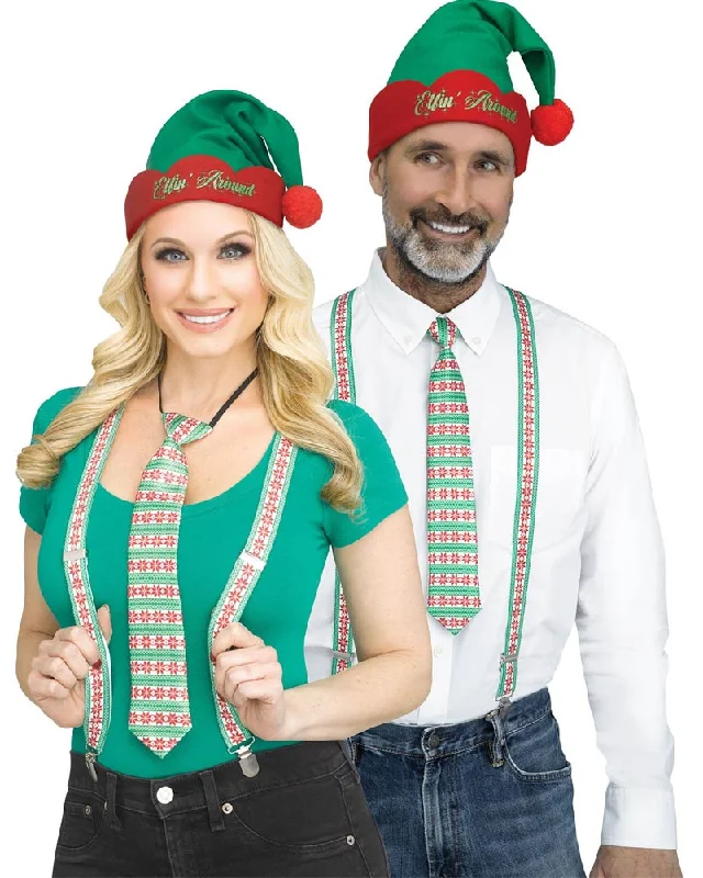 Christmas Green Stripe Holly Day Suspender Tie and Hat