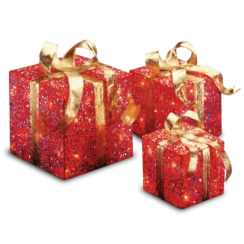 Pre-Lit Red Gift Box with Gold Bow, Set of Three, White Lights, Christmas Collection