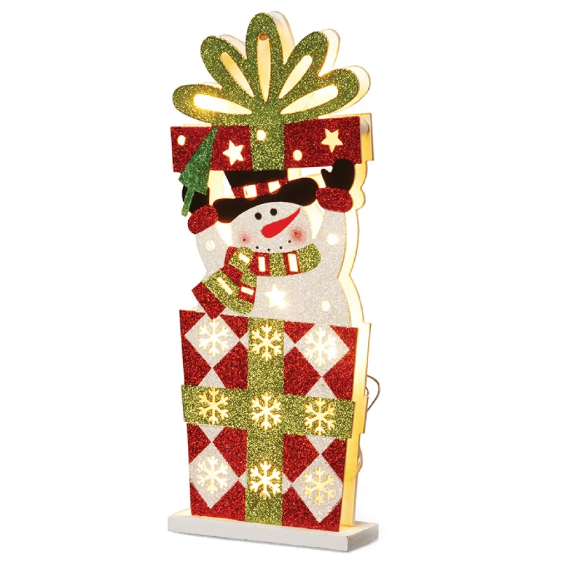 Pre-Lit 17" Wooden Gift Box Snowman